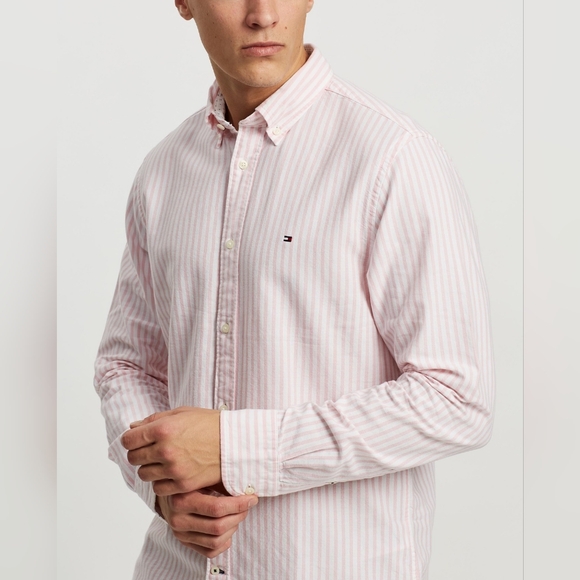 Tommy Hilfiger Men's Pink Striped Academy Poplin Casual Button Down Shirt Med - Picture 4 of 10